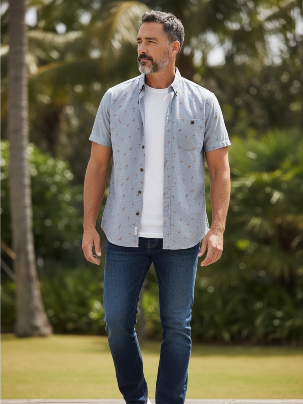 Sovereign Code Mens Medium Blue Pink Flamingo Print Short Sleeve Shirt M